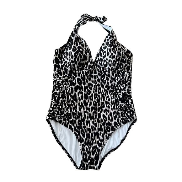 Calvin Klein Women’s Leopard Print Halter One Piece Swimsuit Size 14 Slimming - Picture 2 of 7